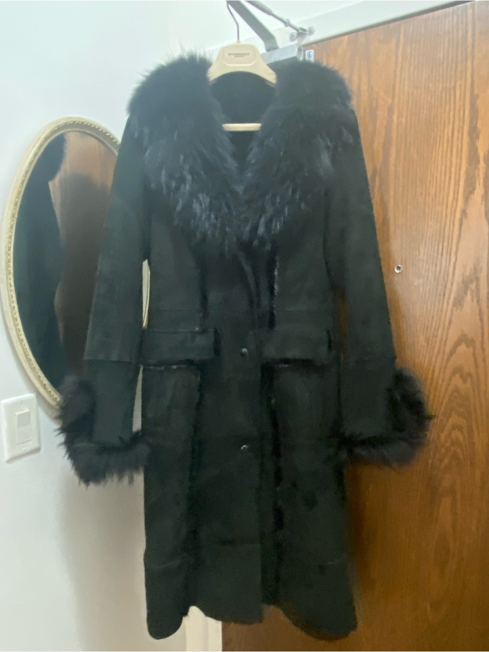 Luxury Black Shearling Coat with Fox Fur Collar & Cuffs – Size Small
